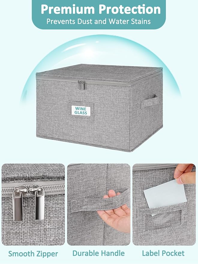 Cirhy Wine Glass Storage Box Hard Shell, 10'' Tall Stemware Storage Containers for Moving, Holds 24 Crystal Glasses & Flutes, Stackable Glassware Chest with Dividers, Grey (2-Pack)