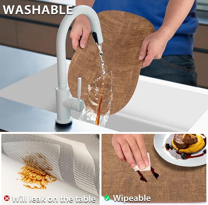 Placemats Set of 4 - Washable Heat Resistant Table Placemats - Wipeable Faux Leather Oval Place Mats, Waterproof Table Mats for Dining Table, Brown