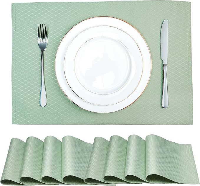 Place Mats Set of 8 – Rectangle Rectangular Waterproof Fabric Polyester Cloth Washable Wipeable Heat Resistant Placemats for Kitchen Dining Dinner Table Indoor 13 x 19 Inch Sage Green