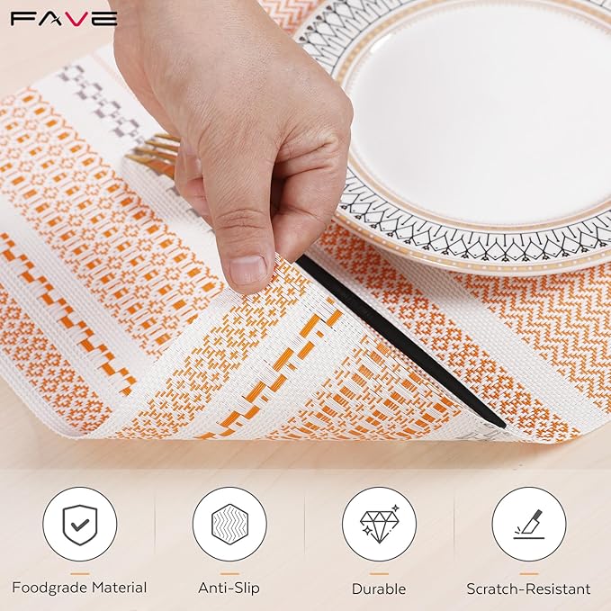 FAVE Boho Vinyl Placemats Set of 4, Durable Woven Place Mats Washable Heat Resistant PVC Table Mats for Parties,Weddings, Dining,Banquet(Orange, 4PCS)
