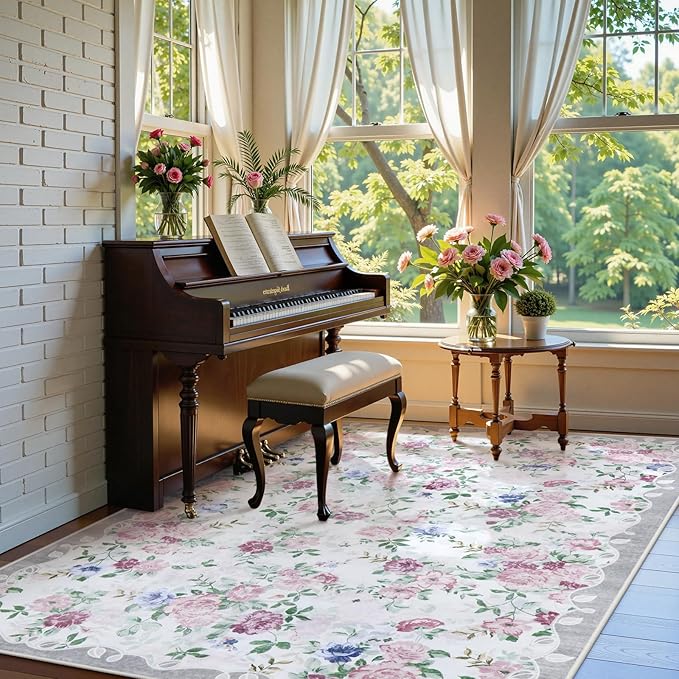 Lahome Purple Floral 5x7 Area Rugs, Boho Rugs for Bedroom Girls,Vintage Living Room Rug Non Slip Low Pile Ultra-Thin Large Carpet for Farmhouse,Dining Room,Kids Playroom,Nursery(5'X7',Purple/Grey)