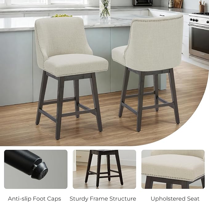 CHITA Counter Height Swivel Bar Stools, FSC Certified Upholstered Counter Stools, Modern Swivel Barstools with Wood Legs for Kitchen Island, 26" Seat Height, Fabric in Linen