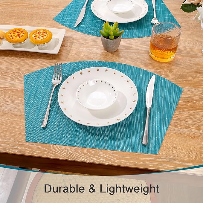 SHACOS Round Table Placemats Set of 7 Woven Vinyl Wedge Placemats with Centerpiece Heat Resistant Table Mats Wipe Clean (7, Teal Blue)