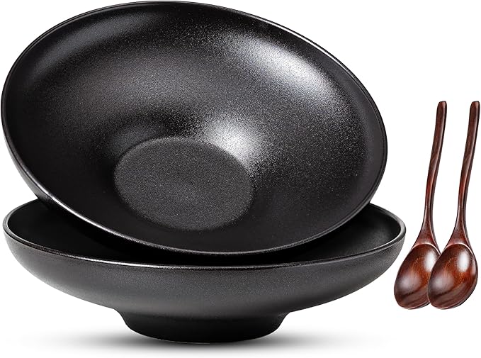 Ceramic Serving Bowls with Wooden Spoons Set of 2, Large Serving Bowl for Dinner Salad Soup Pasta Dessert Fish Fruit Chicken Bread, Oven Dishwasher Safe, 50oz Bowl for Entertaining, 9.75" Pure Black