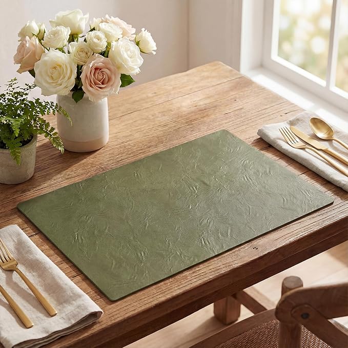 Artoid Mode Olive Green Faux Leather Placemats Set of 4, 12x18 Inch Waterproof Wipeable Heat Resistant Vinyl Place Mats, Reversible Table Mats for Kitchen Dining Decor