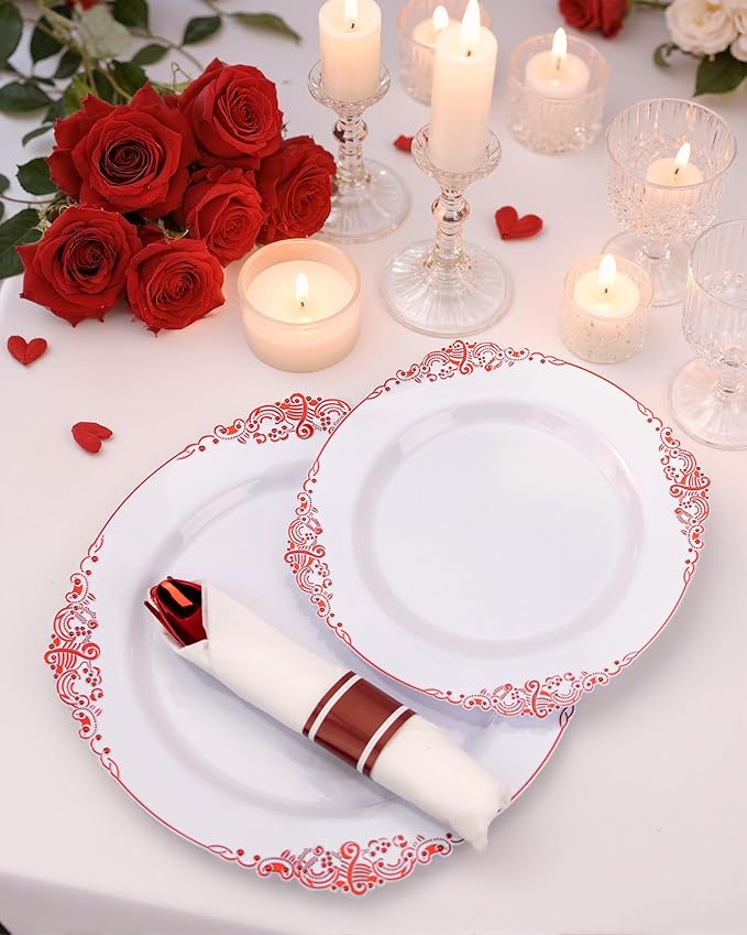 Nervure 175PCS Red Plastic Plates - White Red Plastic Dinnerware Sets for 25 Guests - 50 Red Disposable Plates, 25 Pre Rolled Cutlery Set, 25 Cups Perfect for Wedding, Party