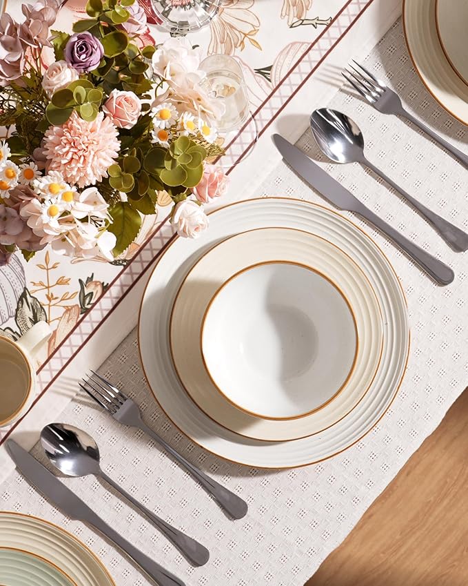 Famiware Jupiter Dinnerware Set with Pasta Bowl, Plates and Double Bowls Dish Sets for 4 (16 Pieces), Microwave and Dishwasher Safe Stoneware Tableware, Chip and Scratch Resistant, Vanilla White