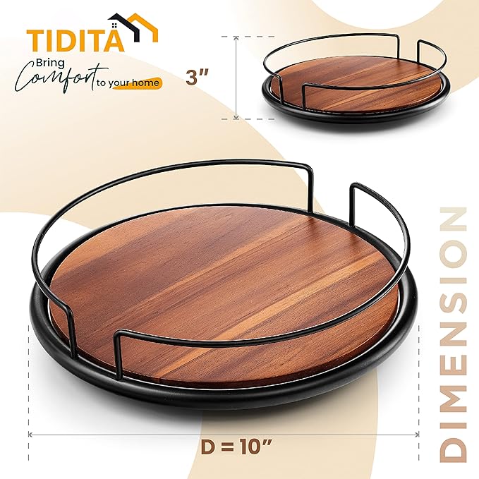 10" Acacia Wood Lazy Susan Turntable with Metal Frame for Table Top - Wooden Serving Tray Rotating for Kitchen Counter - Centerpiece Organizer Storage Food Bin Container for Pantry, Fridge, Cabinet