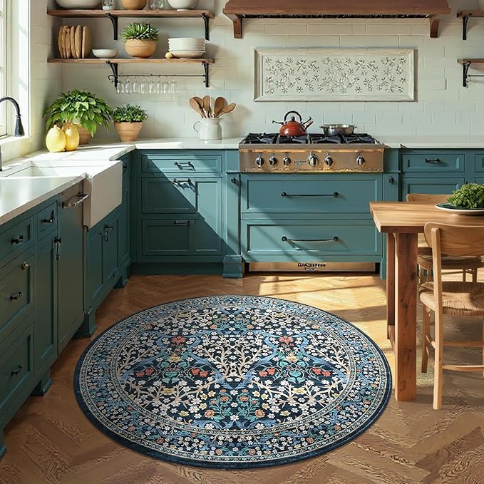 GarveeHome Dark Blue Floral 6 ft Round Rug Washable Non-Slip Soft Low Pile Small Circle Carpet Vintage Rugs for Kitchen Bedroom Nursery Dining Living Room