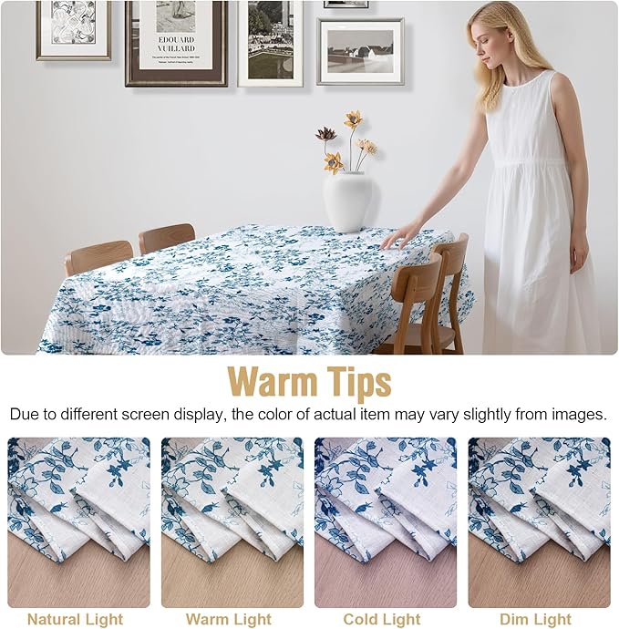 H.VERSAILTEX Linen Table Cloths Floral Printed Tablecloth Spill-Proof Waterproof Table Cover for Dining Buffet Feature Soft and Thick Fabric Wrinkle Free, 60 x 60 Inch, Retro Floral - Stone Blue