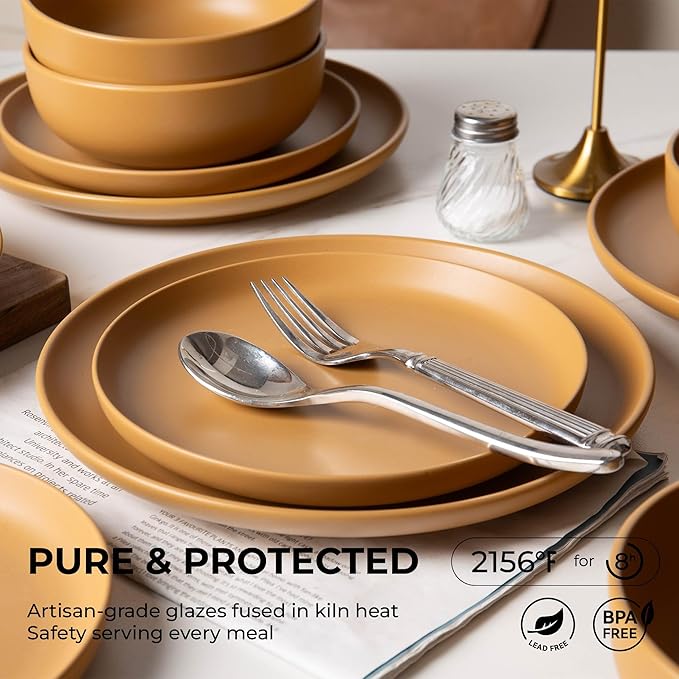 12-Piece Stoneware Dinnerware Set with Mugs | Microwave and Dishwasher Friendly | Stackable Matte Glaze Plates & Bowls | Service for 3 (Orange for 4)