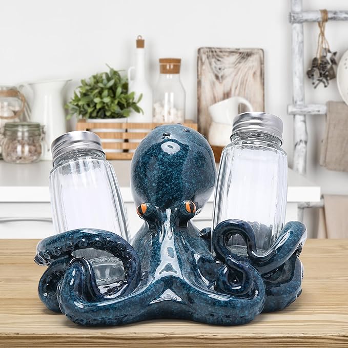 Hodao Octopus With Salt and Pepper Shaker Figurines Decorations Octopus Set with Holder Figurine for Beach Bar or Tropical Kitchen Decor Octopus Table Decorations By Home Gifts (Octopus)