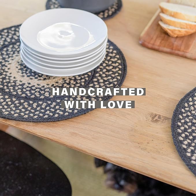 Homespice Manchester Round Braided Placemats, Country Primitive Decor, Set of 2, 15" Black and Tan Jute Table Mats - Vibrant Colors, Durable, Easy to Clean and Protects Furniture
