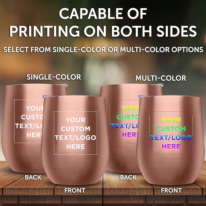 Custom Stemless Wine Glass Tumblers with Lids by Largo 11 oz. Set of 24, Personalized Bulk Pack - Perfect for Wine, Cocktails, Other Hot & Cold Beverages - Rose Gold