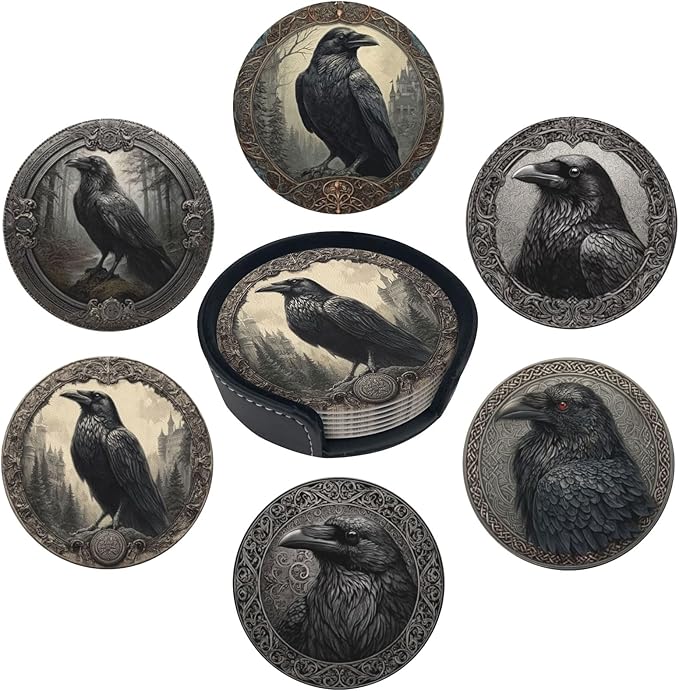 Raven Coasters for Drinks with Holder Round Leather Coasters Set of 6 Cups Mugs Mat Pad for Home Kitchen Bar