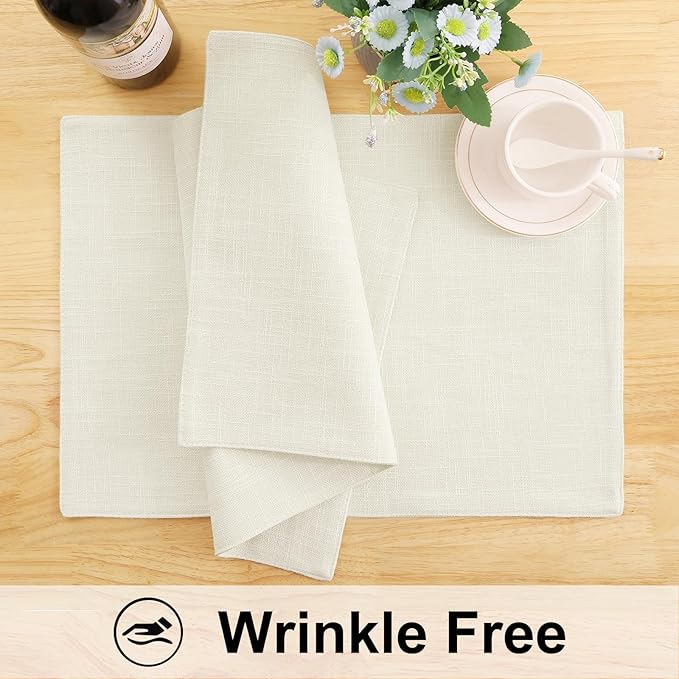 homing Cotton Linen Placemats Set of 6, Cloth Washable Farmhouse Dining Table Mats for Indoors & Outdoors, Easy to Clean, Cream, 13 x 19 Inch
