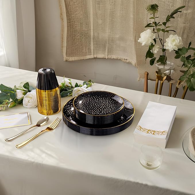 Rubtlamp 60Pcs Black Plastic Plates, Black Disposable Plates With Gold Rim, Clear Heavy-duty Party Plates, Hammered Plastic plates Include 30 Dessert Platos, 30 Dinner Platos for Party