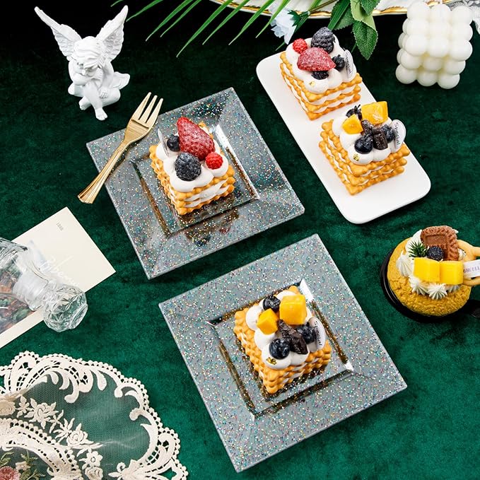 supernal 200pcs Square Plastic Dessert Plates-100pcs Gold Dessert Forks,100pcs 6inch ClearDessert Plates,cocktail plates, Clear Appetizer Plates for Pary Birthday Afternoon tea