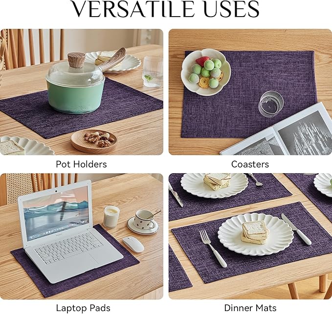 Softalker Faux Linen Placemats Set of 12-12 x 18 Inch, Heat Resistant Double Layered Durable Burlap Farmhouse Place Mats, Non-Slip Washable Rustic Table Mats for Dining, Kitchen, Party（Purple