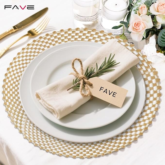 FAVE Set of 4 Gold Vinyl Round Placemats, Spiral Hollow Out Washable for Weddings, Parties, Birthdays, Restaurant & Home (15 Inch)