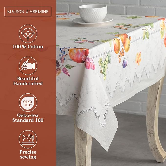Maison d' Hermine Table Cloth Square Table 100% Cotton 60 x 60 Inches Fall Tablecloth Reusable Everyday Use for Thanksgiving Christmas Decorations Dining Farmhouse Party (Fruit D'Hiver)