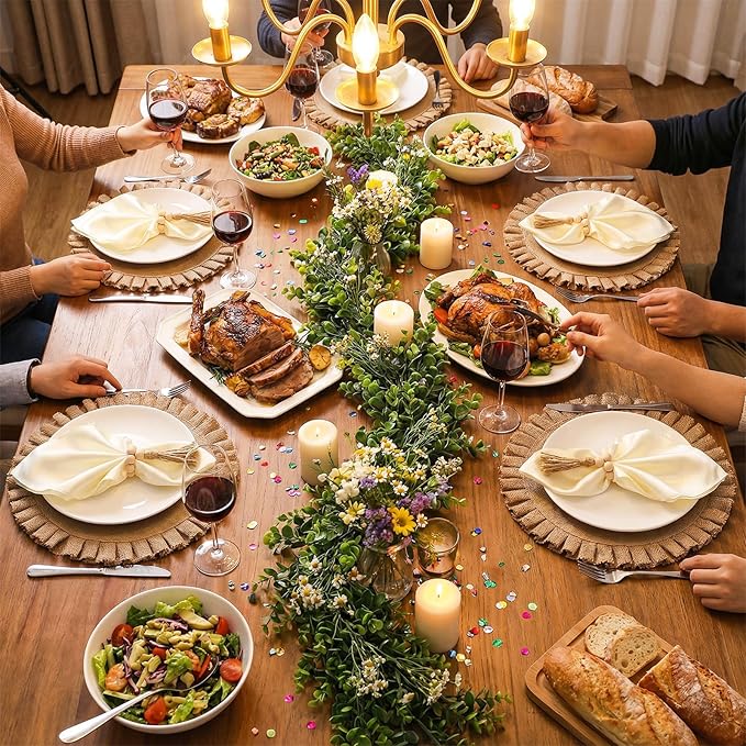 18 Pcs Round Natural Burlap Placemats, Wooden Bead Napkin Rings with Cloth Dinner Napkins, Heat Resistant Jute Placemat Set Boho for Wedding Dining Table Decor