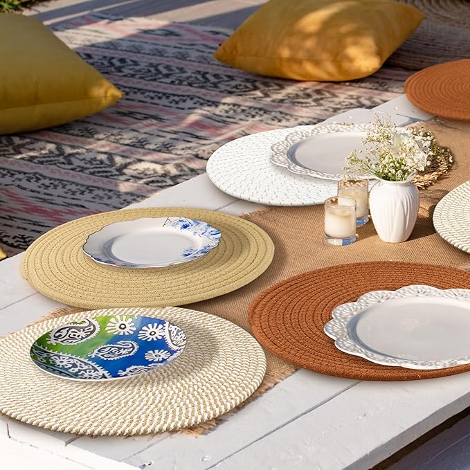 Kochorie Set of 8 Round Woven Cotton Placemats, 13 Inch Boho Table Mats for Kitchen and Dining Table, Farmhouse Heat Resistant Washable Trivets, Fall Thanksgiving Christmas Décor (Mixed Brown)