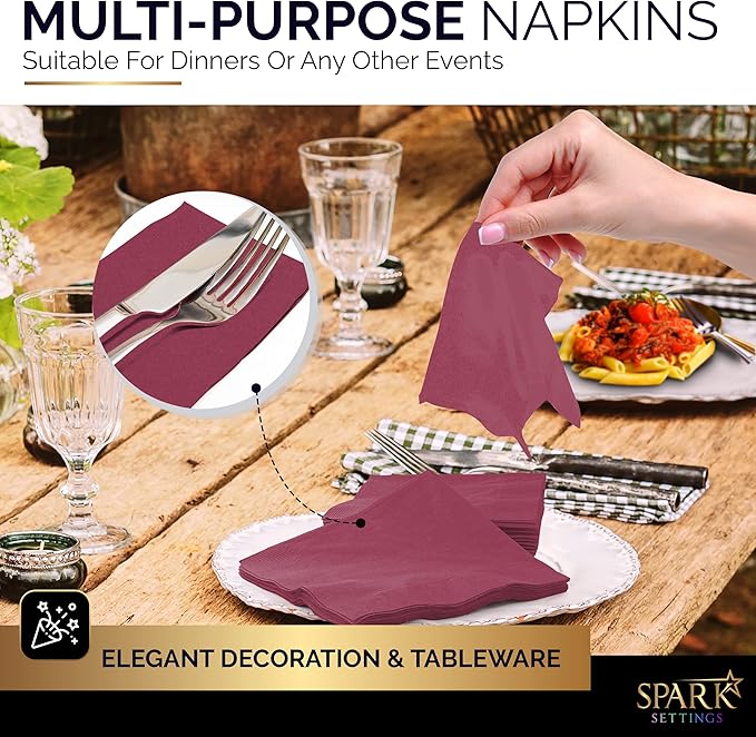 Cocktail Napkins Disposable, Burgundy Beverage Napkins Soft and Absorbent Paper Napkins for Dinner, Party, Wedding, Or Every Day Use, 7” x 7” 2 Ply Party Napkins, Pack of 40 - By Amcrate