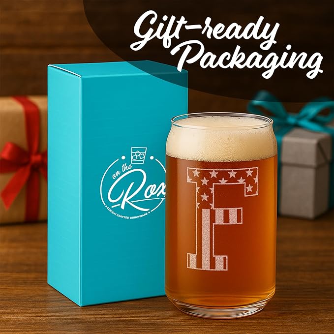 Monogram Beer Glasses for Men (A-Z) 16 oz - Beer Gifts for Men Brother Son Dad Neighbor - Unique Gifts for Him - Personalized Drinking Gift Beer Glass Mugs - Engraved Beer Can Glass (F)