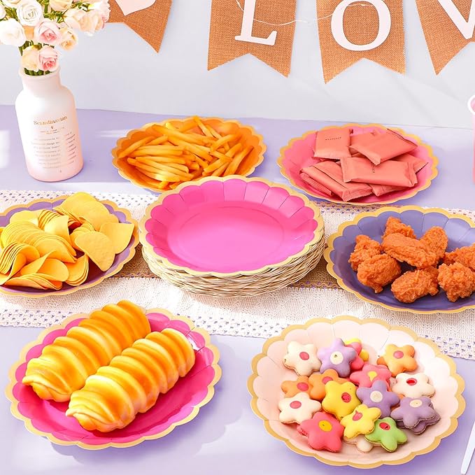 96 Pcs Pink and Purple Paper Plates 9 Inch Gradient Scalloped Paper Plates Disposable Dinner Dessert for Birthday Wedding Bridal Party Supplies, 6 Colors