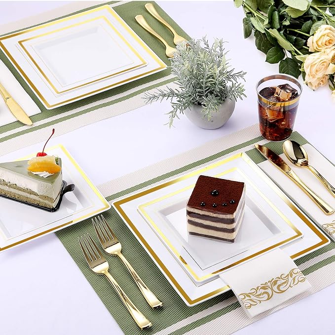 FOCUSLINE 350 Ct Disposable Dinnerware Set for 50 Guests -Heavy Duty Square Plastic Plates with Gold Rim, Includes 50 Dinner & Salad Plates, Cups, Napkins, Cutlery Set
