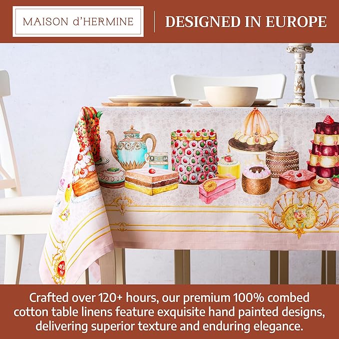 Maison d' Hermine Premium Table Cloth Rectangle Table 100% Combed Cotton 120 x 70 Inches Tablecloth Reusable Decorative for Dining Room, Farmhouse, Home, Party, Festive & Wedding - Pastries