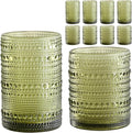 Vintage Hobnail Drinking Glasses Set of 8,Green 12 oz & 15oz Highball Glass Cups, Kitchen Drinkware Glassware,Embossed Water Tumbler,for Beer,Cocktail,Whiskey,Juice and Various Mixed Drinks