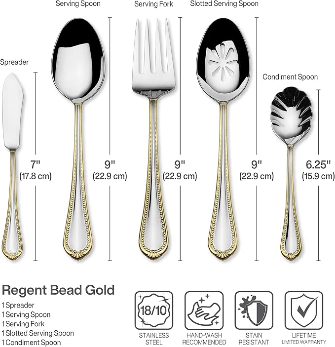 Mikasa, Gold Accent Regent Bead Flatware Service for 12, 65 Piece Set, 18/10 Stainless Steel, Silverware Set with Serving Utensils (Pack of 2)