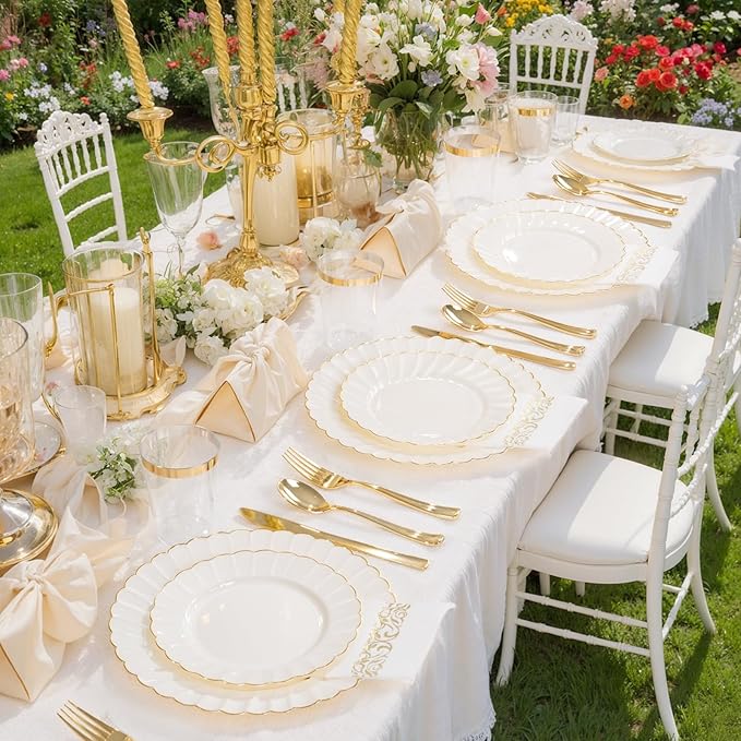 YOUBET 175PCS Ivory Scalloped Plastic Plates - Gold Disposable Dinnerware Set Include 50 Plates, 75 Gold Silverware, 25 Cups, 25 Napkins for Party & Wedding