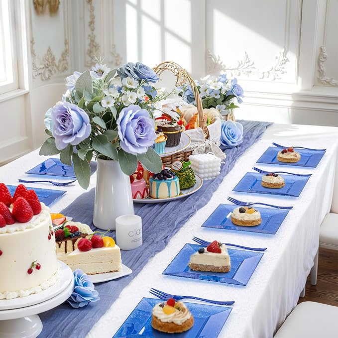 DaYammi 100Pcs Blue Dessert Plates 6" with Forks 5.7"- Small Disposable Dessert Plates- Serve 50 Guests include 50 Cake plates,50 Plastic Forks for Party,Disposable Appetizer plates for Wedding