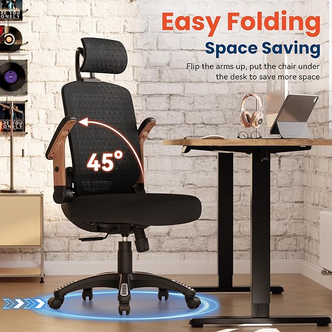GABRYLLY Ergonomic Office Chair, High Back Home Desk Chair with Flip-Up Arms, 3D Headrest, Thick Sponge Sea &90-120° Recline, Big and Tall Mesh Executive Chairs for Man Woman, Black Woodgrain