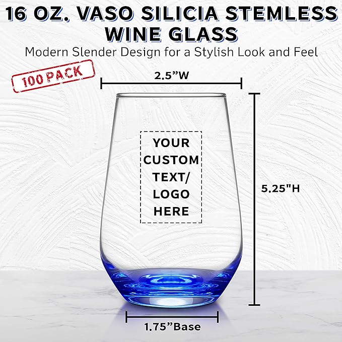 DISCOUNT PROMOS 100 Vaso Silicia Stemless Wine Glasses Set, 16 oz. - Personalized Text, Logo - Clear, Orb-Like, Thick base - Blue