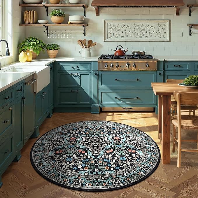 GarveeHome Black Floral 6 ft Round Rug Washable Non-Slip Soft Low Pile Circle Carpet Vintage Rugs for Kitchen Bedroom Nursery Dining Living Room