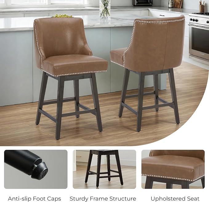 CHITA Counter Height Swivel Bar Stools Set of 3, FSC Certified Upholstered Counter Stools, Modern Swivel Barstools with Wood Legs for Kitchen Island, 26" Seat Height, Faux Leather in Saddle Brown