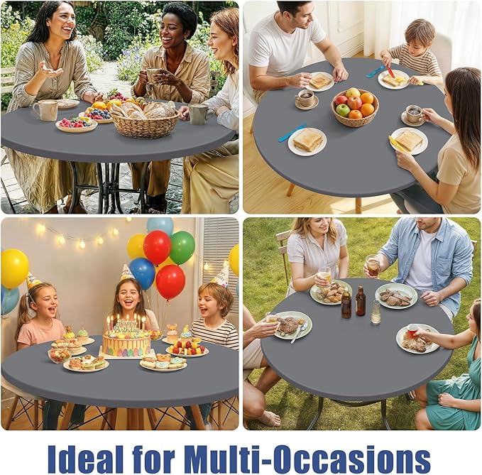 Round Spandex Tablecloth, Elastic Fitted Waterproof Tablecloths for 57"-68" Tables, Stretch Washable Picnic Table Cover for Camping, Dining, Indoor and Outdoor, Grey