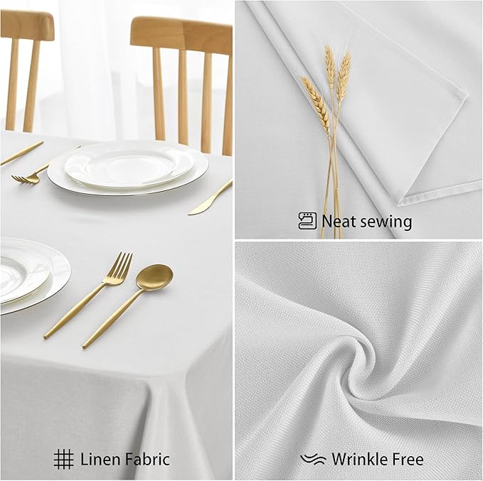 JIUZHEN Faux Linen Farmhouse Tablecloth Rectangular, Wrinkle Stain Resistant Table Cloth Rectangle Table Cover for Kitchen Dining, Holiday Party Dinner, White, 60 x 102 Inch