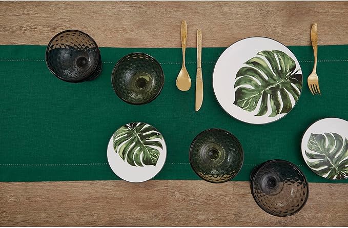 Solino Home Linen Rainforest Green Hemstitch Table Runner 48 Inches - 100% Pure Linen Small Table Runner 14 x 48 Inch Ideal for Dresser and Coffee Tables, St Patricks Day - Classic Hemstitch