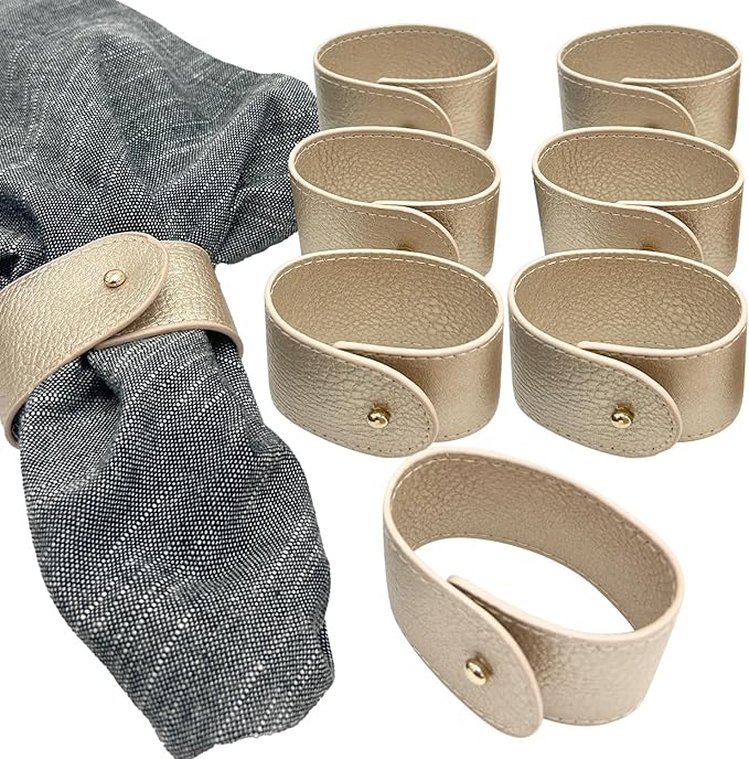 Luxury Leather Napkin Rings Set of 8, Champagne, Morgan Faux Style, Modern Cuff Design for Wedding Party Decorations, Kitchen, Holiday Table,Rust Proof,Hotel, Home, Table Accessories, Dining