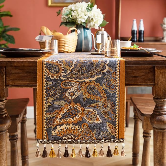 13×72 Inch Table Runner, Retro-Luxury Tassels Series for Kitchen Dining Table Holiday Decoration (Royal Nuts)