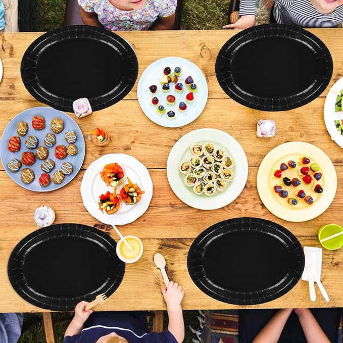 50Pcs Black Oval Paper Plates Decorations 10" x 12" Large Heavy Duty Disposable Black Paper Platters Birthday Party Decorations for BBQ Easter New Year Holiday Lunch Dinner Party Supplies Table Deco
