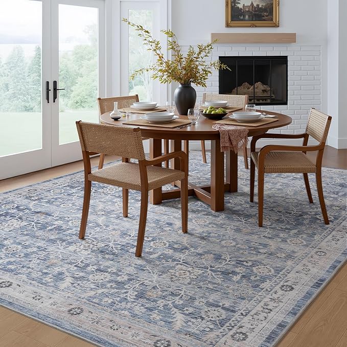 MontVoo-Vintage Area Rugs 8X10 Blue Rugs for Living Room-Soft Distressed Printed Rugs for Bedroom-Non Slip Carpet-Machine Washable Rug for Dining Room Living Room Bedside Office