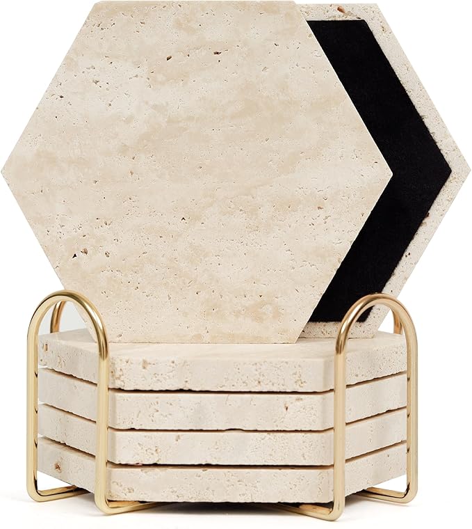 Travertine Coasters Set of 6 with Gold Holder, Hexagonal Rustic Beige Marble Drink Coasters for Coffee Table Decor, Porous Stone Absorbent Coaster for Drinks, Velvet Backed