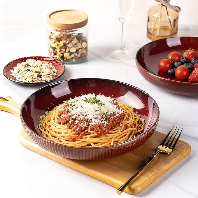 GBHOME 9.5'' Large Pasta Bowls, 42 Ounce Stoneware Salad Bowls for Kitchen, Ceramic Serving Bowls With Textured Pattern for Pasta,Fruit, Stews,Noodle, House-warming Gift,Set of 4-Burgundy Red