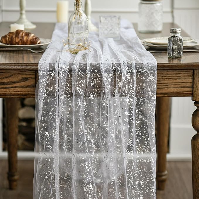 Artoid Mode White Silver Gauze Table Runner 120 Inch 10Pcs, Glitter Metallic Foil Sheer Dining Holiday Wedding Anniversary Birthday Table Decor for Home Party